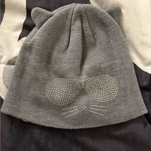 Karl Lagerfeld Gray Cat Ear Beanie with Rhinestone Design and ears.